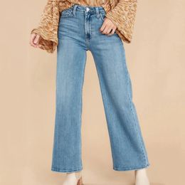 Women's Jeans Straight Wide Leg Pants Women Light Blue Washed High Waist Long Hole Denim Bottom Harajuku