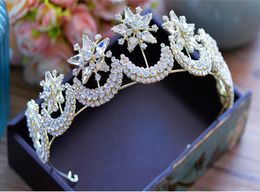 Himstory Luxury Crystal Gold Tiaras Crown Bridal Hair Jewellery Gold Stars and Moon Pageant Dress Wedding Hair Accessories2410396