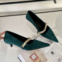 Low Pointed Toe Pumps Suede Chain Thin High Heel Comforts 2024 New Spring Fashion Elegant Office Women Shoes Zapatos