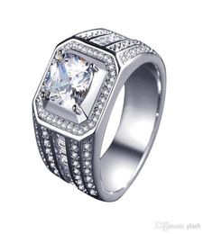 Mens Luxury RING 925 Silver plated CZ Diamond men white gold rings Wedding Gift platinum Jewelry5405169