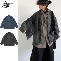 Men's Jackets Vintage Denim Jacket Men Women Chinese Loose Cowboy Daoist Robe Washed V-neck Oversize Cardigan Coat Spring Casual Tops 2024