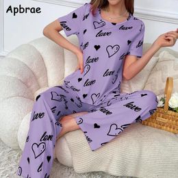 Home Clothing Spring Summer Women Pyjamas Heart Printing Pijamas Soft Milk Silk Sleepwear Short Sleeves Long Pants Pyjama For Girl