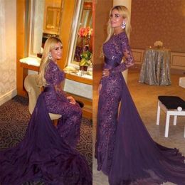 Newest Purple Full Lace Beads Long Sleeves Evening Dresses Arabic Muslim Evening Gowns with Detachable Train Sheer Long Prom Dresses Fo 266n