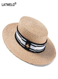 Fashion Bee Summer Sun Hat For Women Natural Raffia Crochet Straw Hat With Ribbon Flat Panama Hat Summer Travel Beach Hats Y2007166716298