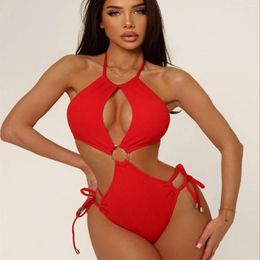 Women's Swimwear Red Solid Color One Piece Swimsuit For Women 2024 High Waist Hollow Out Bikini Suspender Backless Summer Monokini