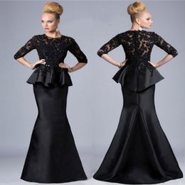 Mother Of The Bride Dresses Mermaid Jewel Neck 3 4 Sleeves Lace Appliques Beaded Peplum Plus Size Party Dress Black Evening Gowns 223k