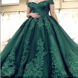 Free Shipping Ball Gown Off The Shoulder Dark Green Tulle Formal Evening Dresses Appliques Beaded Prom Dresses South African Plus Size 309i