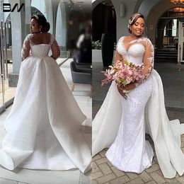 Illusion Long Sleeve Mermaid Bride Dress With Pearls And Beads Removable Train Wedding Dresses For Women Robe De Mariee