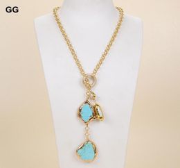 Pendant Necklaces GuaiGuai Jewelry 27quot White Biwa Pearl Blue Turquoise Gems Stone Lariat Chain Necklace8342868