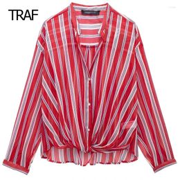 Women's Blouses Striped Transparent Blouse Shirt Spring 2024 Knot Lapel Collar Long Sleeve Top Elegant Korean Style