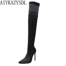 Boots AIYKAZYSDL Spring Autumn Women Over The Knee Thigh High Stretch Pointy Toe Pumps Heels Stiletto Crystal Rhinestone Shoes