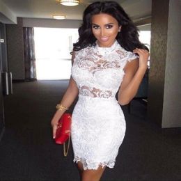 Charming Short Cocktail Dresses White Lace Women Fromal Prom Gowns High Neck Homecoming Graduation Dresses Sexy See Through Party Dress 232u