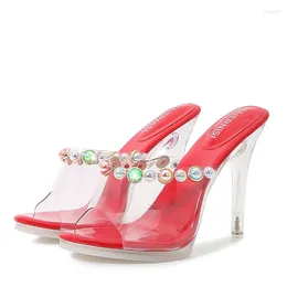 Slippers Women 10cm High Heels Mules Stiletto Crystal Pearl Slides Female Glossy Thin Summer Glitter Platform Fetish Shoes