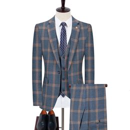 Blazers Pants Vest Set 3 Pieces Mens Business Casual Fashion Three Piece Plaid Suit Jacket Coat Trousers Waistcoat 240508