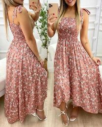 Basic Casual Dresses Summer sexy spaghetti shoulder strap floral print womens long dress 2024 casual elegant chest bag long womens beach dress holidayL2405