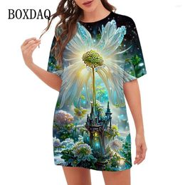 Casual Dresses 2024 Women Pattern Dress Dream Flower 3D Printed Short Sleeve Fashion Round Neck Ladies Summer Scenery Mini