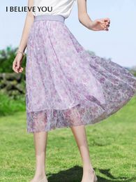 I BELIEVE YOU Purple Floral Skirt Summer Women Mesh Chiffon Skirts sequins bling Elastic Waist A-Line Midi Skirt 2221024364 240506