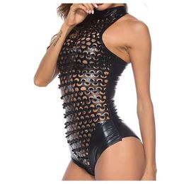 Women See Through Patent Leather Catsuit Punched Hole Sexy Below Shaping Bodysuit Porn Breast Exposing Latex Sheath Leotard Sexi Catsuit Costumes