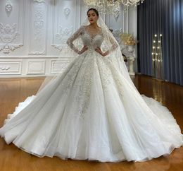 2024 New Style Wedding Dresses Sweetheart Long Sleeves Pearls Beads Sequins Tulle Puffy Bridal Gowns Vestido De Noiva Casamento Custom Order Size