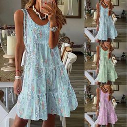 Casual Dresses Womens Floral Print Vest Dress Summer Sleeveless Round Neck Skirt Pleated Loose Short Elegant Girls Vestidos