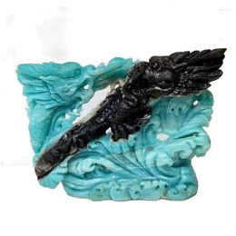Decorative Figurines Natural Stone Amazonit Crystal Dragon Statue And Antimony Ore Mineral Symbiont DIY Hand Engraving Home Luxurious Decor