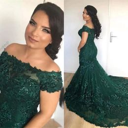 Sparkly African Dark Green Mermaid Evening Dresses Off the Shoulder Lace Sequins Corset Back Long Prom Celebrity Gowns 233p