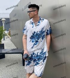 xinxinbuy Men designer Tee t shirt 2024 Italy Panelled flower patterned jacquard letter fabric silk sets long sleeve cotton women white black blue M-3XL