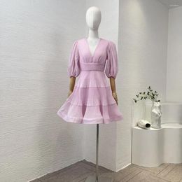 Party Dresses Collection Violet Ruched Plunging V-neck Half Lantern Sleeve Patchwork Sweet Mini Dress For Women