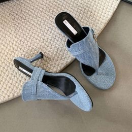 Cowboy Heeled Slippers Fashion Designer Sandals Female Round Head Open Toe Summer Stiletto Heel Jeans Flip Flops Women