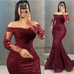 Burgundy Mermaid Evening Dresses Off the Shoulder Long Sleeves Lace Flowers Women Formal Prom Gowns Plus Size