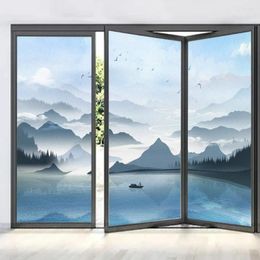 Window Stickers Privacy Glass Frosted Film Ink Landscape Painting Pattern Glue-Free Static Cling Anti UV Decorative Sticker