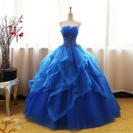 Fancy Royal Blue Ball -Kleid -Abschlussball Kleid Echtes Bild Quinceanera Kleider trägerloser Organza Formale Partykleid mit Schichten Tüll Blumen App 196y