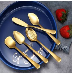 304 Stainless Steel Coffee Spoon Cute Ice Cream Dessert Spoon Pudding Mixing Spoons Gold Color Butter Knife3593996