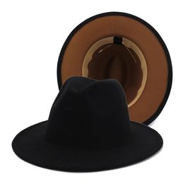 Unisex Outer Black Inner Khaki Wool Felt Jazz Fedora Hats Adjustable Wide Brim Panama Trilby Cap Matching Ladies Bowler Top Hat7117441