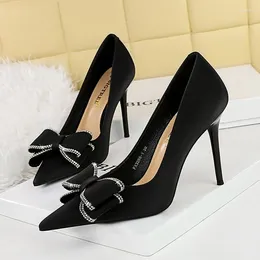 Dress Shoes BIGTREE Korean Version Party Pumps 10cm Super High Heels Silk Shallow Pointed Toe Crystal Butterfly Knots Lady Size 34-40