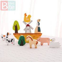 Baby Farm Stacking Wooden Block Toys Animal Cow Educational Balance Building Blocks Creative Toy 240509