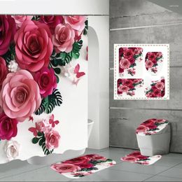 Shower Curtains Floral Red Rose Tulip Bathroom Set With Curtain And Rugs Tropical Plants Waterproof Toilet Cover Bathtub Decor