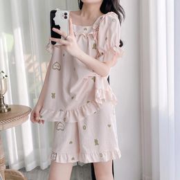 Home Clothing Summer Woman Sweet Kawaii Two-Piece Pyjama Set Fashion Bubble Short Sleeve Loungewear Korean Style Shorts Pyjamas Clothes