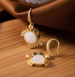 Silver Inlaid Natural Hetian White Jade Small Crab Earrings Chinese Style Retro Fresh Romantic Charming Women039s Brand Jewelry9309610