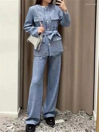 Women's Jackets Blue Tweed Weaving Set Women Wide Leg Long Pants Or Lace-up Metal Buttons Round Neck Four Pockets Coat Suit For Female