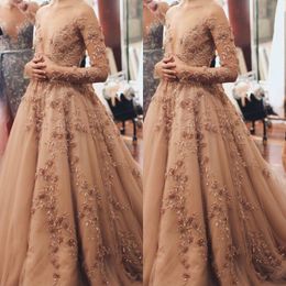 Paolo Sebastian Champagne Prom Dresses Long Full Sleeves Floral Lace Beaded Evening Dress Sheer V Neck Shiny Rhinestone Gowns 2719