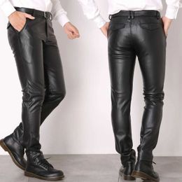 Men's Pants PU leather pants mens fashionable rock style nightclub dance pants mens artificial leather ultra-thin fitting motorcycle TrousersL2405