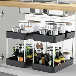 Kitchen Storage 2 Tier Sliding Cabinet Basket With Hooks Hanging Cup Under Sink Organizer For Vanity Undersink Bathroom