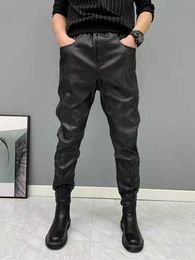 Men's Pants Mens leather pants elastic waist artificial leather pants mens jogger zipper pocket black street clothing ultra-thin pencil pants mens clothingL2405