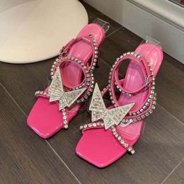 Rhinestones Stiletto Heel Women Crystal Ankle Crossover Strap Summer Square Open Toe Sexy Transparent Heeled Sandals Female