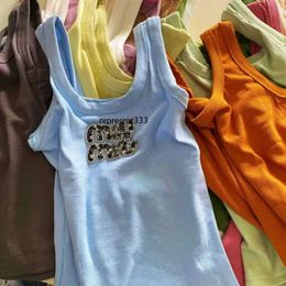 mui mui shirts Summer Miui Nail Bead Letter Heavy Industry Tight Fitting Vest New Slimming Suspender Bottom Sleeveless Mui Top Shirt 4534
