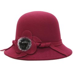 Stingy Brim Hats HT1830 Autumn Winter For Women Ladies Wool Felt Casual Flower Fur Ball Formal Fedoras Female Bucket Bowler Hat2697435