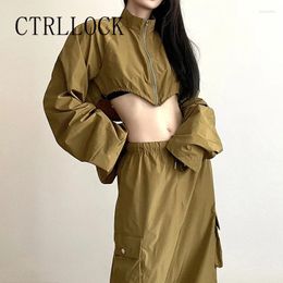 Work Dresses CTRLLOCK Techwear Women's Zipper Cardigan Loose Drawstring Pocket High Waist Long Skirt Set