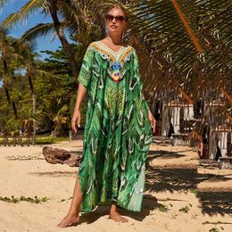 Boho Beach Cover Up Green Snake Printing Tunic Kaftan Robe De Plage Oversize Holiday Long Dress Swimwear