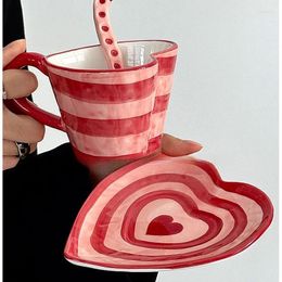Cups Saucers Retro Red Coffee Mugsthree-dimensional Love Cup And Plate Unique Creative Afternoon Tea Set Hand Painted Ceramic Birthday Gift
